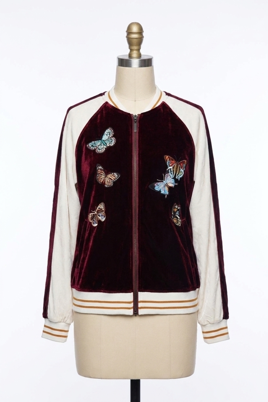NEW PAPARAZZI embroidered velvet baseball jacket in wine